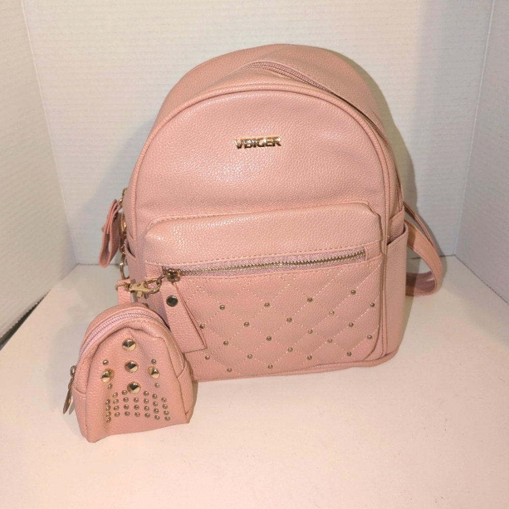 VBIGER Pink Backpack Purse‎ Gold Studded Lots of Pockets Matching Change Purse
